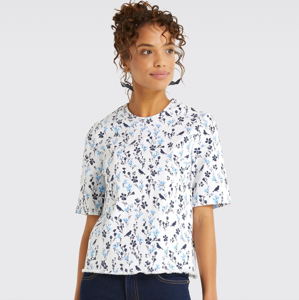 Draper James White Floral Printed Denim Popover Top